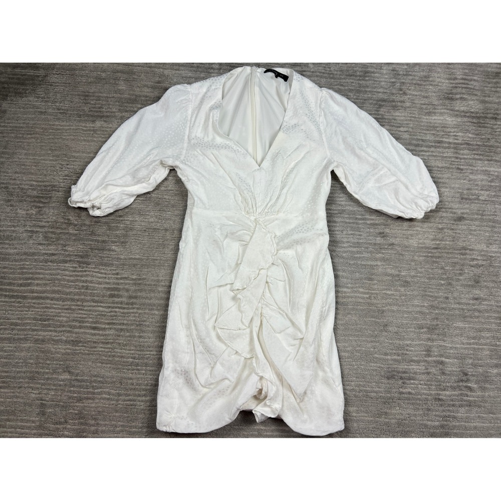 BCBGMAXAZRIA‎ Mini Dress Womens 8 White Jacquard Polka Dot Puff Sleeve V-Neck